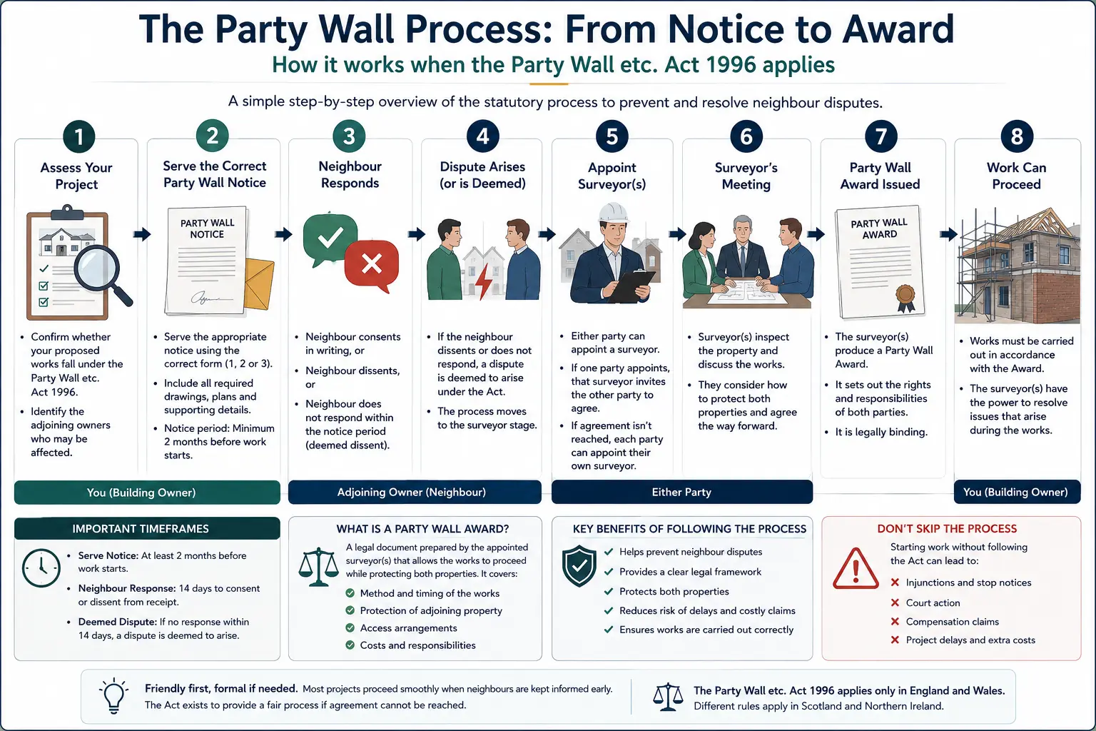 Do I Need a Party Wall Agreement? An infographic showing the party wall process from notice to award in a very interactive way for the citizens living in Bishops Stortford, UK