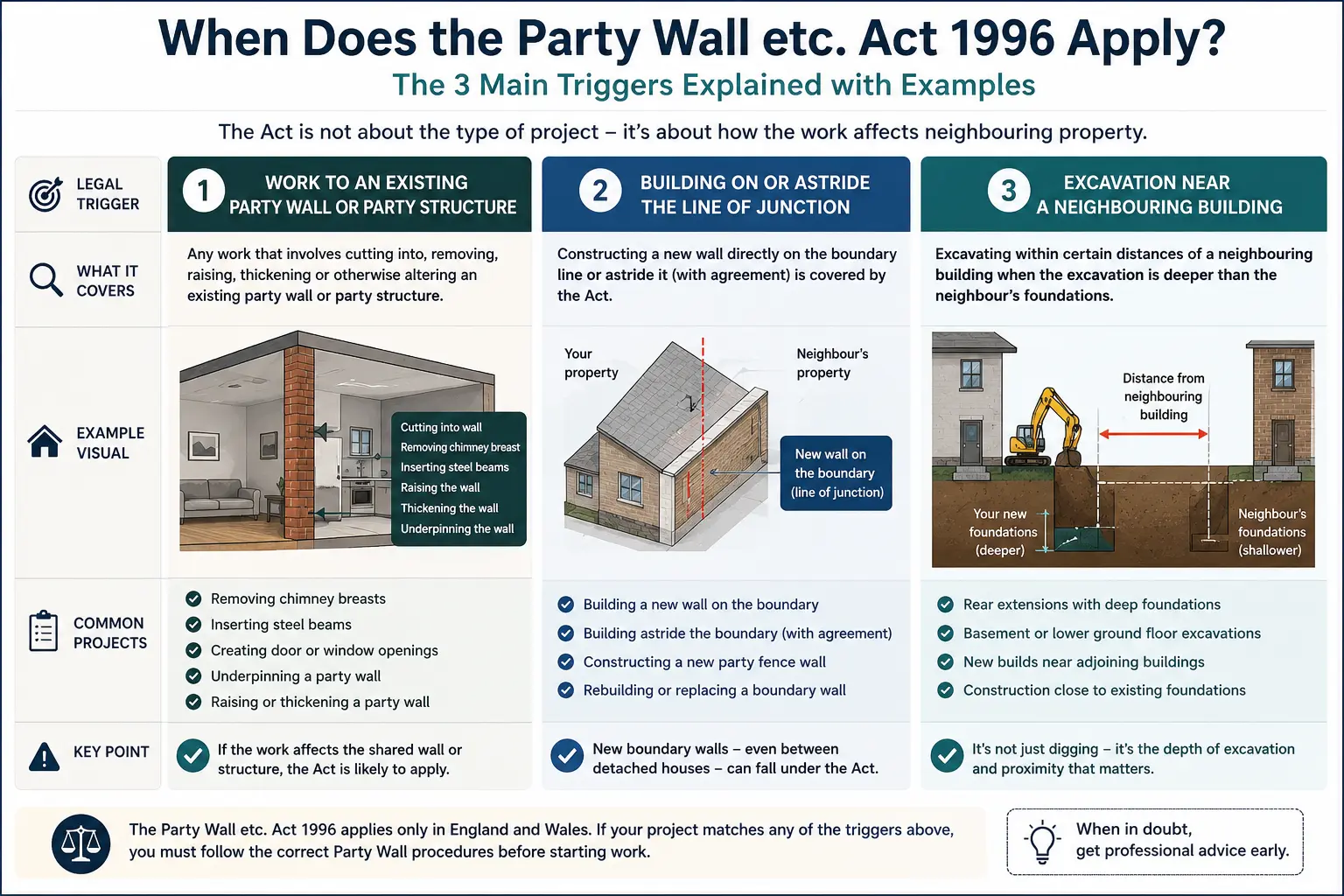 Do I Need a Party Wall Agreement? An infographic showing when does the party wall etc act 1996 apply like excavation, junction, painting, in Bishops Stortford, UK
